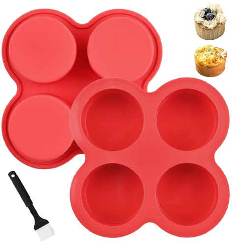 Kaslaider 2 Stück Silikon Muffinform mit Backpinsel, Mini Cupcake Backform Set mit 4 Mulden, BPA-Frei Antihaft Muffinförmchen, Spülmaschinenfest für Ofen, Airfryer, Mikrowelle (Rot)