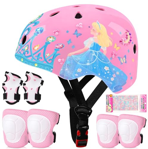 Toddler Bike Helmet Kids Helmet Knee Pads and Elbow Pads Set Adjustable Protective Gear Set with DIY Stickers for Girls Age 3-5-8 Years