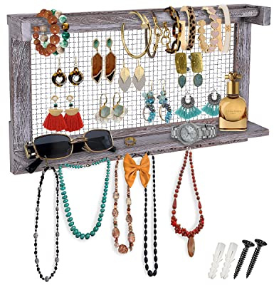 Comfify Rustic Jewelry Organizer – Wall Mounted Jewelry Holder w/Removable Bracelet Rod, Shelf & 16 Hooks – Perfect Earrings, Necklaces & Bracelets Holder – Rustic White