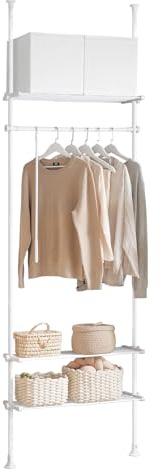 SoBuy Barra Telescópica Perchero Burro Ropa Resistente, Armario Abierto Ajustable con Barras y Estantes para Dormitorio y Vestidor, Blanco KLS07-W