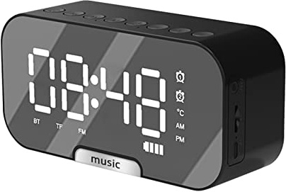 Kavolet Réveil numérique avec miroir,Horloge avec haut-parleur BT et radio FM et affichage de la température Double alarme Support pour lecteur 3 niveaux de luminosité Support pour téléphone