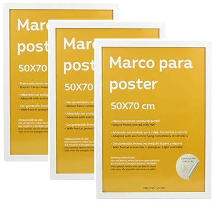 Nacnic - Confezione da 3 cornici in MDF bianco e vetro acrilico Protezione ed espositori per fotografie, immagini, manifesti, dipinti e decorazioni per soggiorno, camera da letto o ufficio | 50x70cm…