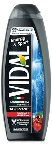 Vidal - Bagnoschiuma Energy & Sport, Formula Energizzante, con estratti di Ginseng e Guaranà, Dermatologicamente Testato, 500ml