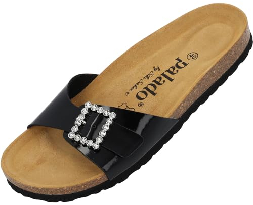 Palado Pantoletten Damen Malta SQ by Sila Sahin - elegante Sandalen Made in Spain - Hausschuhe mit Kork-Fußbett - modische Sommerschuhe Schwarz Lack UK9 - EU42