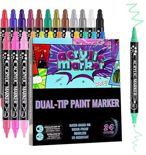 24 Colors Acrylic Paint Markers, Dual Tip Brush Pen Set, Waterproof Permanent Paint Pens for Rock Painting, Wood, Glass, Ceramic, Stones, Fabric, Metal, Porcelain