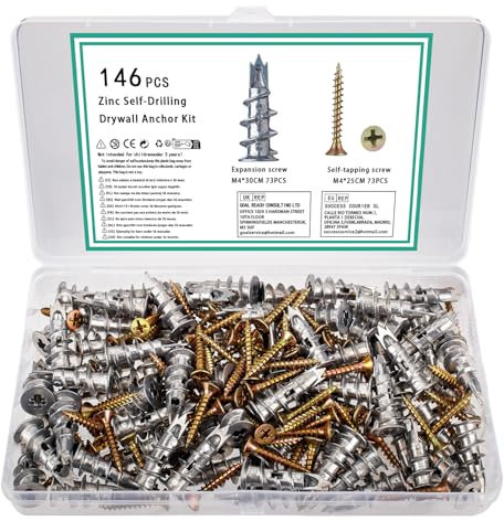 146 Pcs M4 Self Drilling Plasterboard Fixings Heavy Duty, Metal Plaster Board Wall Plugs and Screws Fixings, Drywall Hollow Cavity Wall Fixings Anchors Raw Plugs with Screws and Wall Plugs Set