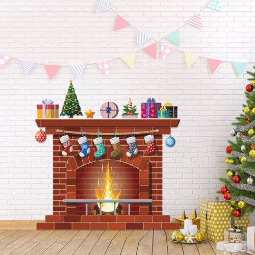 JOYWU Christmas Fireplace Wall Stickers - Self-Adhesive Wall Decals, Removable Fireplace Stocking Gift Boxes Xmas Tree Pattern, Christmas Wall Decor