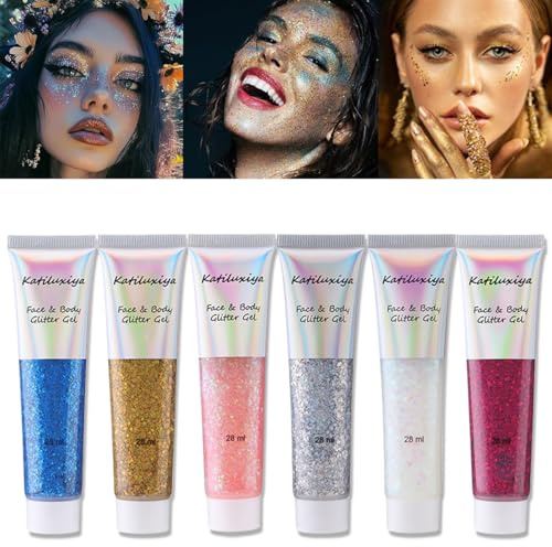 Katiluxiya 6 Color Face Girl Body Glitter Gel, Face & Body & Eye & Lip Festival Holographic Glitter for Party (6PCS)