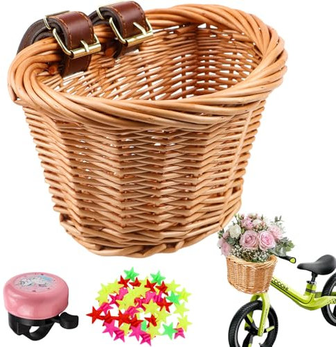 FSWWSF Fahrradkorb Kinder Abnehmbar Korb Kinderfahrrad Lenkerkorb Fahrrad FüR Kinder Mit Lederriemen Und Speichen,Glocken Weidenkorb Kinder