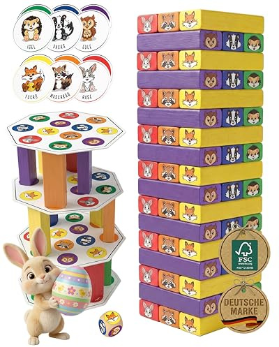 Wackelturm Holz - FSC® 100% Holzspielzeug ab 3 Jahre - kreatives 7 in 1 Lernspielzeug - Stapelturm Holz Spielzeug - Geschicklichkeitsspiele ab 4 Jahre - Jungen & Mädchen Turm - Kinder Ostern Geschenk