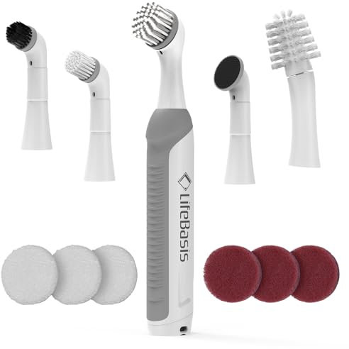 LifeBasis Cepillo Electrico Limpieza Hogar Recargable Inalámbrica IPX7 Cepillo de Limpieza Electrico con 5 Cabezas de Cepillo de Repuesto para bañera, Lechada y Suelo de Baldosas con Cable USB