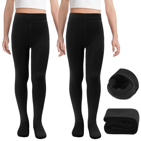 MK MATT KEELY 2 Pairs Girls Fleece Lined Tights Kids Black Thermal Leggings Toddlers Winter Warm Ballet Tights,9-12 Years