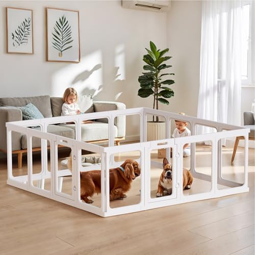 Gardner Pet 16PCS Enclos Chien Acrylique Transparent 165x165x60cm Blanc | 14+2 Panneaux Modulables avec 2 Porte, Parc à Chiot Modulable, Pour Petit Chien/Chat, Clôture Sécurisée, Usage Intérieur