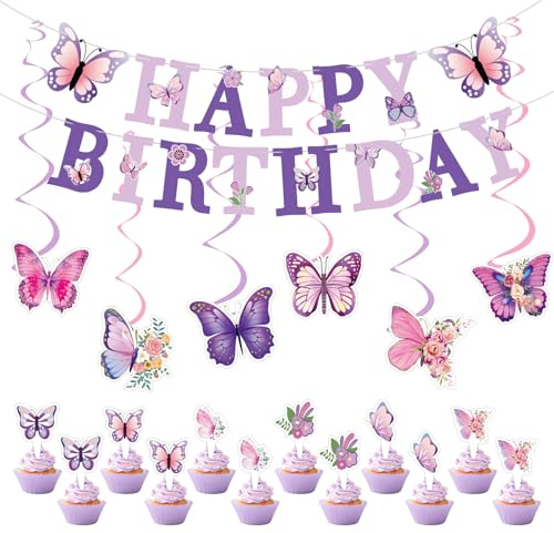 Återanvändbar lila fjärilsdekorationsset med tårtdekoration – Happy Birthday-girlang, hängande virvel, cupcake-toppare, muffinsdekoration | födelsedagsdekoration för kvinnor och flickor