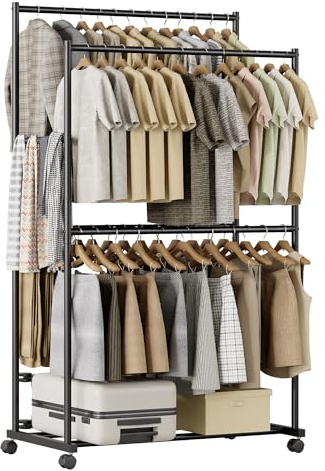Tujurich Heavy Duty Clothes Rail - 92×54×183cm, 4-Bar Double Rod Metal Clothes Rack with Wheels, Coat Rack and Clothing Rail for Bedroom, Laundry, Closet, Wardrobe, Black
