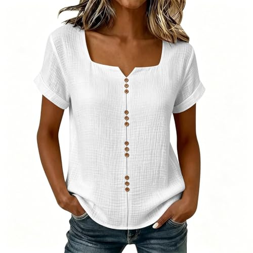 Generico Maglietta Manica Corta Donna Estiva Elegante Camicia Scollatura Quadrata Curvy Blusa con Bottoni Lavoro Top Camicetta Casual Classico Magliette Tinta Unita Maglie Tshirt Estive