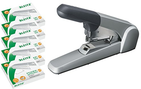 Leitz 55520084 Agrafeuse plate solide (60 feuilles, pour piles de papier épais, métal avec boîtier en plastique) argent (avec 5000 agrafes, agrafeuse plate)