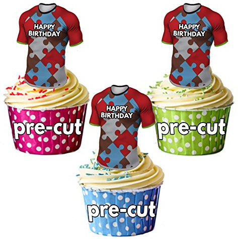 AK Giftshop PRECUT Happy Birthday Rugby Shirts - Edible Cupcake Toppers/Cake Decorations Harlequins Colours (Pack of 12)