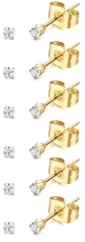 ORAZIO 6 Pairs Tiny 2mm Stainless Steel Stud Earrings For Mens Womens CZ Round Ball Cartilage Earrings Set,Gold Tone