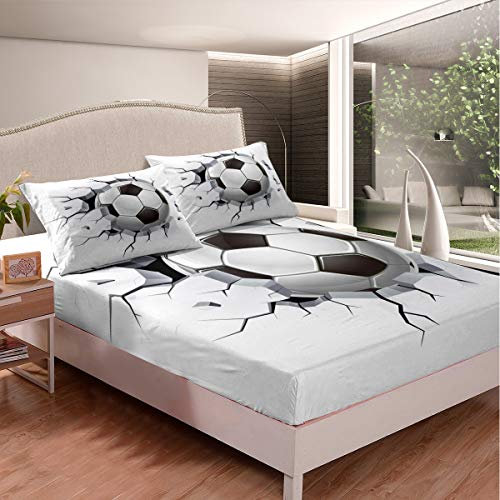 - Juego de Ropa de Cama para niños, diseño de fútbol, Color Negro y Blanco, Juego de sábanas para Juegos competitivos, decoración de habitación, 3 Piezas con 2 Fundas de Almohada Doble