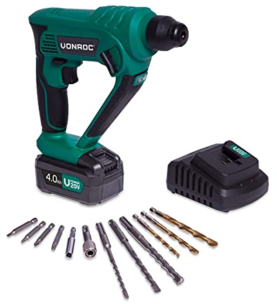 VONROC - Martillo perforador inalámbrico de 20 V, batería de 4,0 Ah y cargador incluido - 1,3 julios, SDS-plus, brocas y puntas de atornillado incluidos