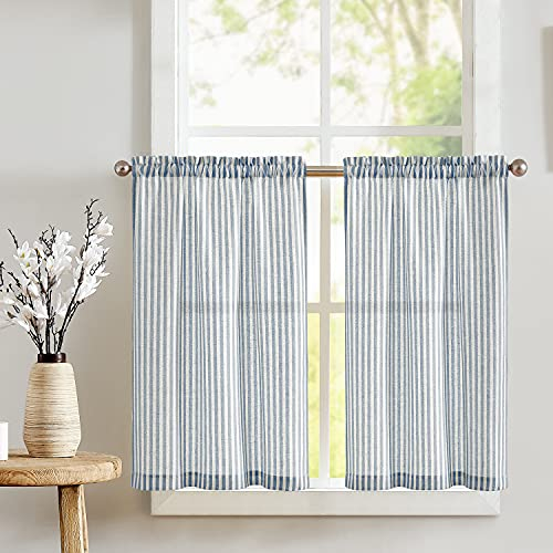 TOPICK Gestreifte Scheibengardinen Leinen Gardinen mit Streifen Küchenvorhang Blickdicht Kurz Küchengardinen für Küchen Esszimmer Badezimmer Klein Fenster 65B x 90H (cm) Blau auf Beige