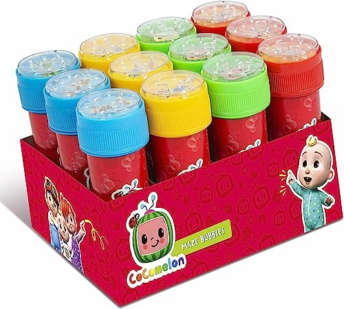 CoComelon 12-Pack Bubbles for Kids – Bubble Solution with Maze Lid & Wands – Fun Party Bag Fillers, Outdoor Games & Sensory Toys for Toddlers