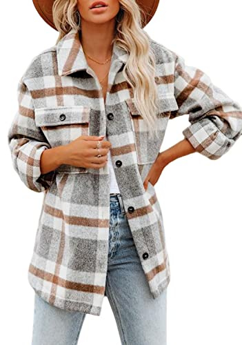 Beaully Women's Flannel Plaid Shacket Long Sleeve Button Down Shirts Jacket Coats with Side Pockets 6017 Khaki L