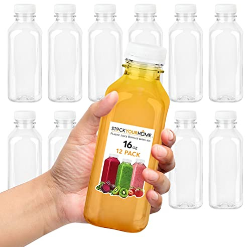 Juice Bottles with Caps for Juicing & Smoothies, Reusable Clear Empty Plastic Bottles with Caps, 16 Ounce Drink Containers for Mini Fridge, Juicer Shots, Small Water Bottles Bulk 16 oz (12 Pack)