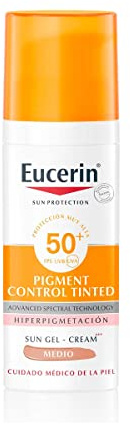 Eucerin Sun Pigment Control FPS 50+ con color tono medio (50 ml), crema facial solar FPS 50+ con filtros UVA/UVB, protección solar antimanchas, crema de sol con color para todo tipo de pieles