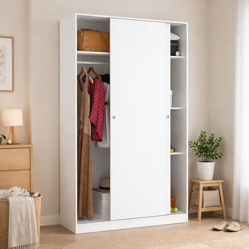 Dmora Guardaroba 2 Ante Denali 50x204h cm Bianco Bianco Lucido Appendiabiti 4 Ripiani, Armadio Camera da Letto 2 Ante