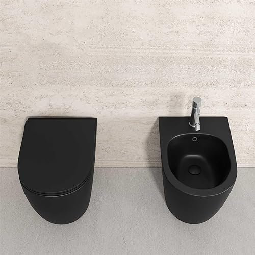 Sanitari a terra NERO OPACO filomuro RIMLESS scarico VORTICE bidet e vaso WC in ceramica con coprivaso softclose FAST VORTEX