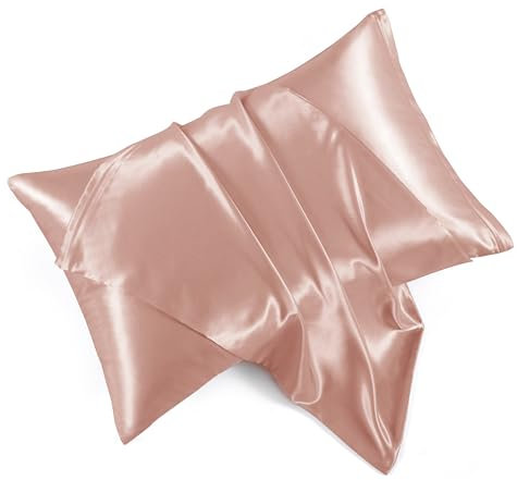 HommxJF Rose Gold Satin Pillowcases with Zipper (20x26),Standard Size Pillowcases Set of 2, Rose Gold Silk Pillowcase for Hair and Skin