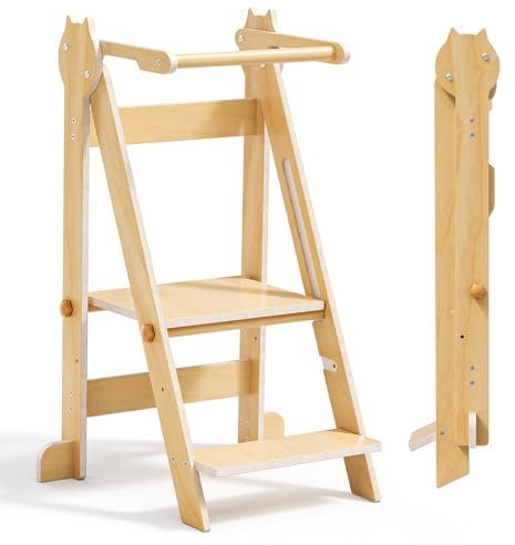 Aoykkii Torre de Aprendizaje Plegable,Escalón para niños Ajustable en Altura de 2 escalones,Torre Multiusos para Niños Fácil de Montar (Color de la Madera)