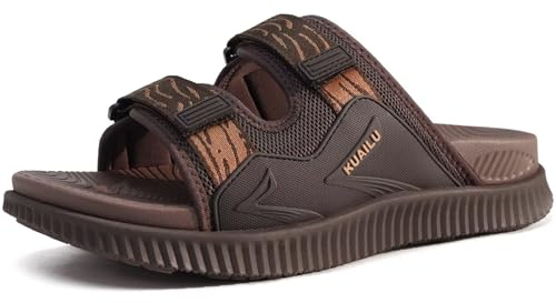 KuaiLu Mens Walking Slide Sandals Orthotic Athletic Thick Cushion Recovery Sport Sandles Adjustable Strap Open Toe Slip On Yoga Mat With Comfortable Plantar Fasciitis Arch Support Brown Size 10