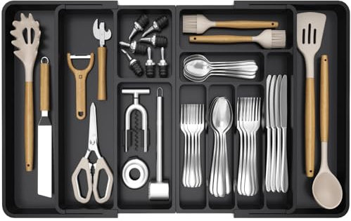 Lifewit Große Besteckkasten für Schubladen, Einstellbar Breite 541-914mm, Tiefe 42 cm, Abnehmbarer Besteckkasten Schubladen für Messer Gabel Löffel, Schubladen Organizer Küchen Kunststoff, Schwarz