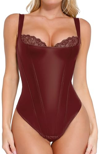 Popilush Leather Corset Tops for Women Tummy Control Shapewear Lace Tank Tops Faux Leather Thong Body Shaper Medium