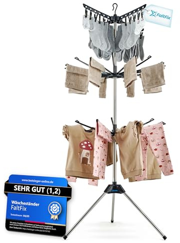 FaltFix Wäscheständer Turm platzsparend für Kleinwäsche Wäscheständer klappbar mit Sockenhalter Wäschespinne hoch Balkon Dusche innen und außen mit Wäscheklammern Turmwäscheständer schwarz weiß pink