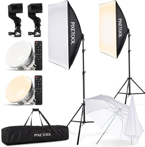PIXETOOL Estudio Fotográfico – Softbox Bombillas - 2 Softbox 70x50 cm, 2 Luces a LED 4800 Lúmenes 3000-6000K - Caja de Luz Fotografía - Fotografia Gaming Streaming
