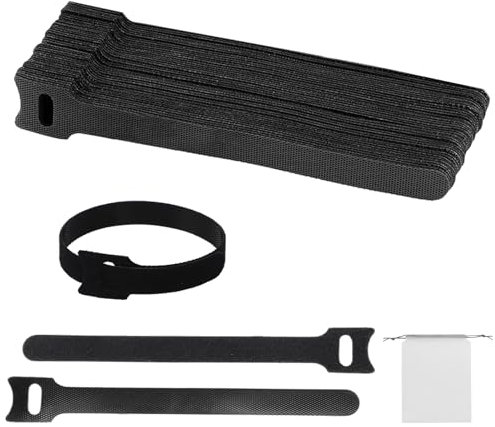 DOINEUFL Bridas reutilizables con velcro, color negro, 50 unidades de 25 cm, gestión de cables ajustables para el hogar, oficina, oficina y jardín