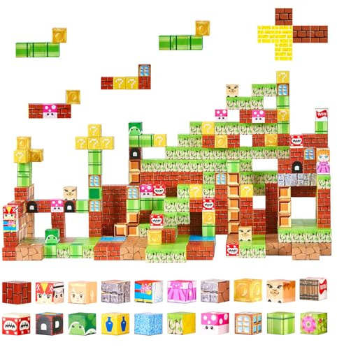 VEVOR Bloques Magnéticos, Juego de 100 Piezas de Escena de Mario Cubos de Construcción Magnéticos, Juguetes Sensoriales Stem Montessori de Construcción Apilable para Niños de 3 Años o Más