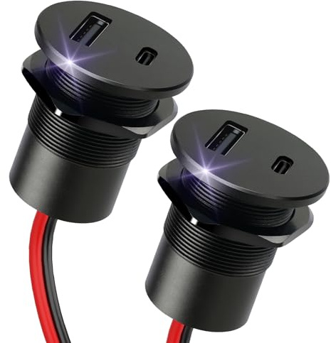 Obeaming Aluminio Toma USB 12V Camper Cargador, Doble Puerto PD3.0 USB-C y QC3.0 USB-A Enchufe Carga Rápida, para Coche Autocaravana Barco Camión Caravana(2PCS)