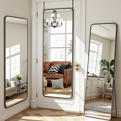 Antok Rectangular door mirror with rounded corners, full length mirror over the door, hanging mirror, wall mirror, standing mirror for living room, dressing room, black, 122 x 36 cm