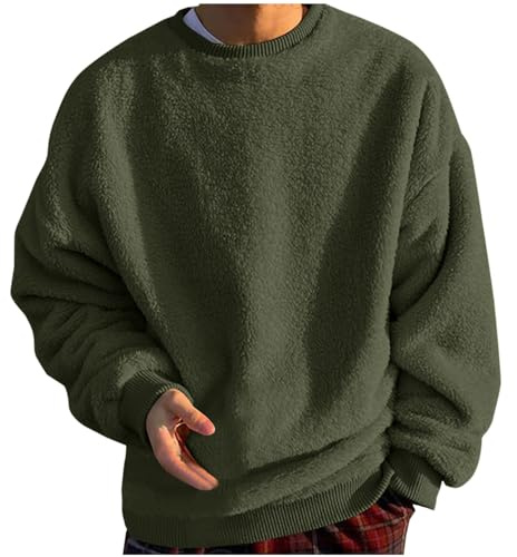 HAOLEI Fleece Jumpers for Men Fuzzy Fluffy Sherpa Fleece Sweatshirt Long Sleeve Casual Plain Thermal Jumpers Winter Warm Velvet Pullover Sweater Lightweight Blanket Top Plus Size 10-22 Army Green