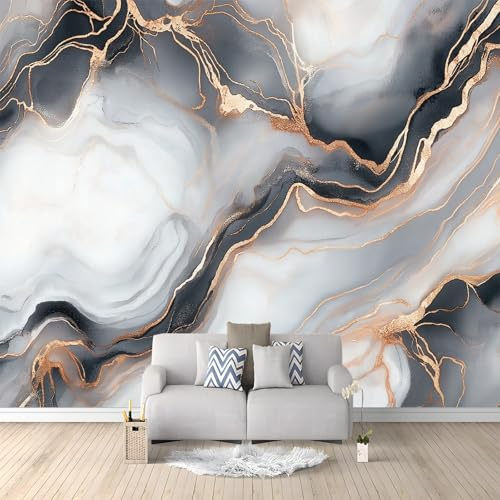 Carta Da Parati Semplicità Moderna Marrone Texture Marmorea Linee Metalliche 3D Fotomurale – Design Moderno In Tessuto Non Tessuto Per Soggiorno Camera Da Letto Cucina – Murale 200 X 140 Cm