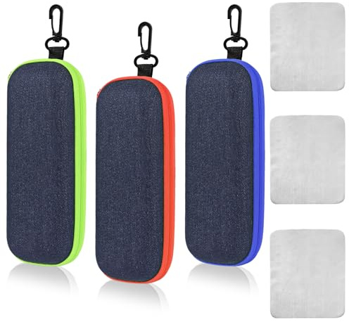 YIMETOP Brillenetui Hardcase 3 Stück, Denim Sonnenbrille Etui mit Reißverschluss & Karabiner, Inklusive 3 Reinigungstuch, Tragbare Brillenbox für Herren Damen, Ideal für Reise