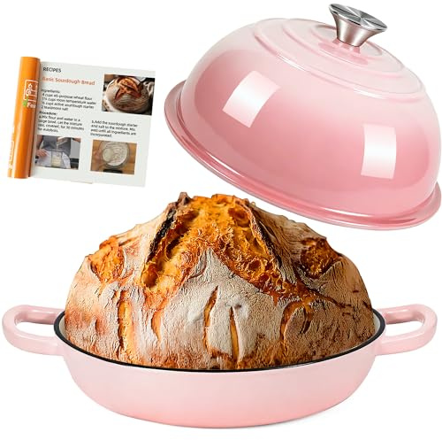 Dutch Oven For Bread Baking,26cm/5.7L Enameled Cast Iron Dutch Oven,Non-Stick Cast Iron Pan with Lid,Dutch Ovens with Baking Recipe,Casserole Pot for Bread Baking,Roasting,Braising & Frying (Pink)