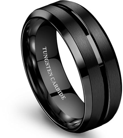 Jstyle Tungsten Wedding Rings for Men Black Mens Wedding Band 8MM Mens Engagement Rings Groove Beveled Edges High Polish/Matte Finish Men's Promise Ring Comfort Fit Size 10