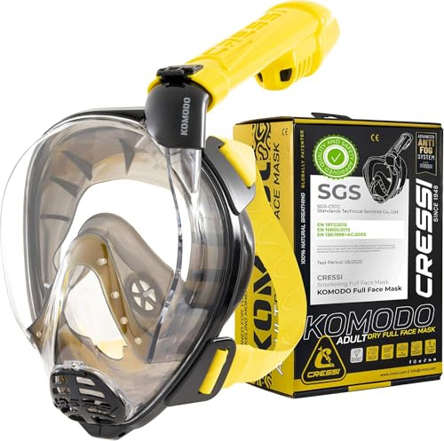 CRESSI dal 1946-Komodo Full Face Maschera Integrale Dry da Snorkeling Visione a 180°-CO2 Sicuro-Silicone 100% Anti Appannamento-Snorkel Laterale-Cinghie Elastiche Regolabili-Nero/Giallo-S/M