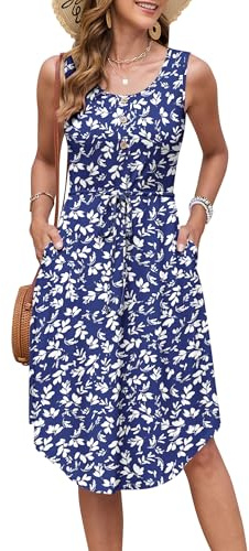 AUSELILY Abiti Estivi Donna Senza Maniche con Coulisse Vestito Estivo | Vestiti Girocollo Abito da Spiaggi Vestitino Midi Elegante Vestitini Casual con Tasche